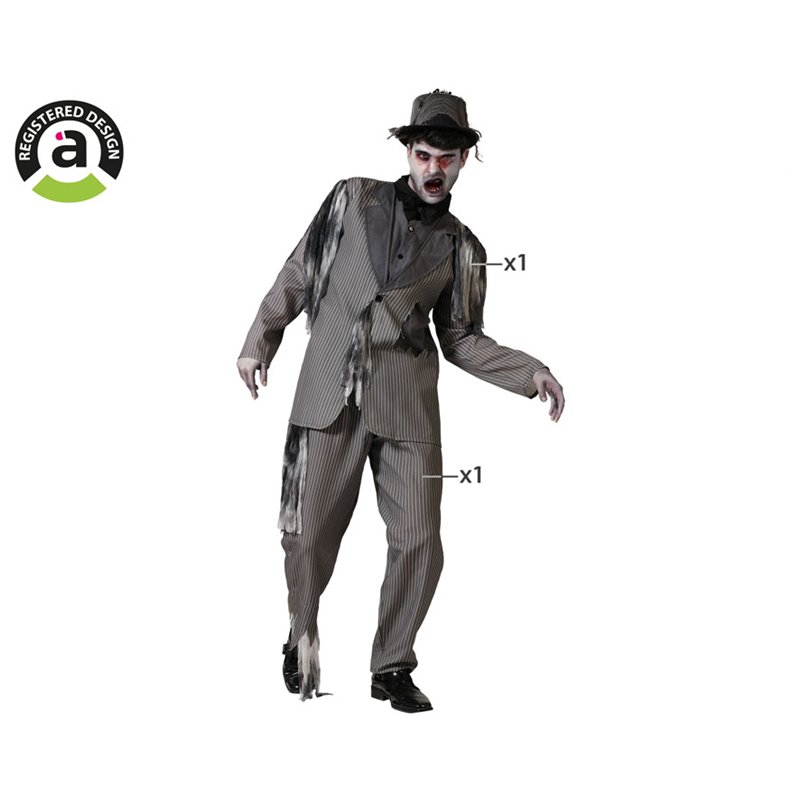 DISFRAZ NOVIO ZOMBI GRIS CON CHAQUETA Y PANTAL�N A RAYAS