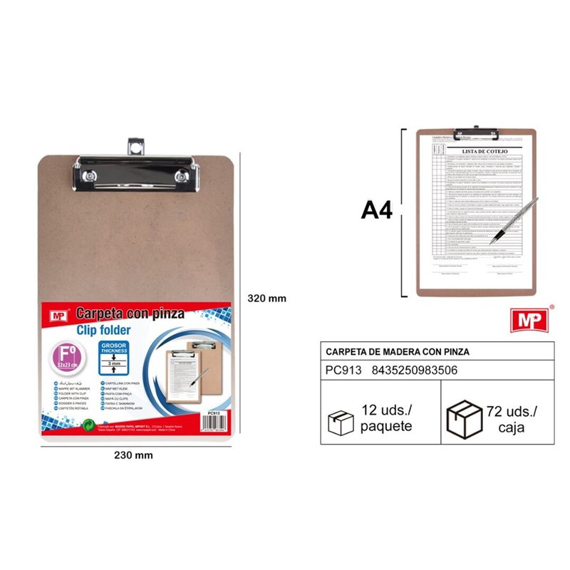 CARPETA DE MADERA 3mm CON PINZA FOLIO 23x32cm