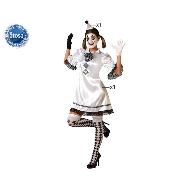 DISFRAZ PAYASA BLANCO VESTIDO MUJER ADULTO CON GORRO