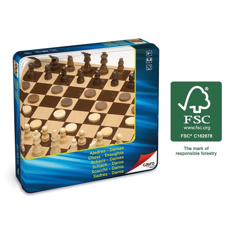 AJEDREZ - DAMAS DE MADERA CAJA DE METAL