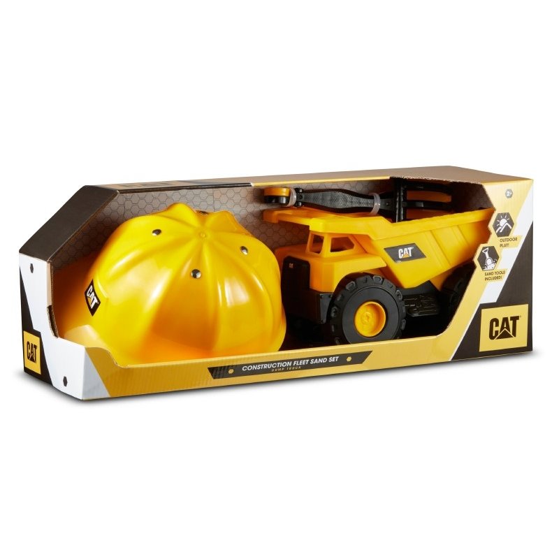 CATERPILLAR SET VEHICULO DE CONSTRUCCION 25CM + CASCO + RASTRILLO