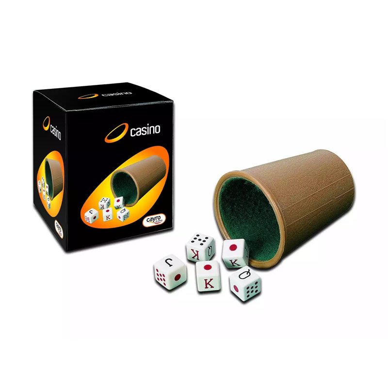 CUBILETE FORRADO Y 5 DADOS POKER 16 MM