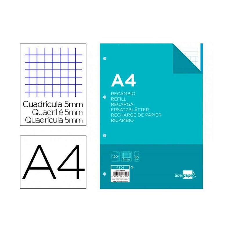 RECAMBIO LIDERPAPEL A4 120H 80gr 5mm SIN MARGEN 4 TALADROS 5 BANDAS COLOR