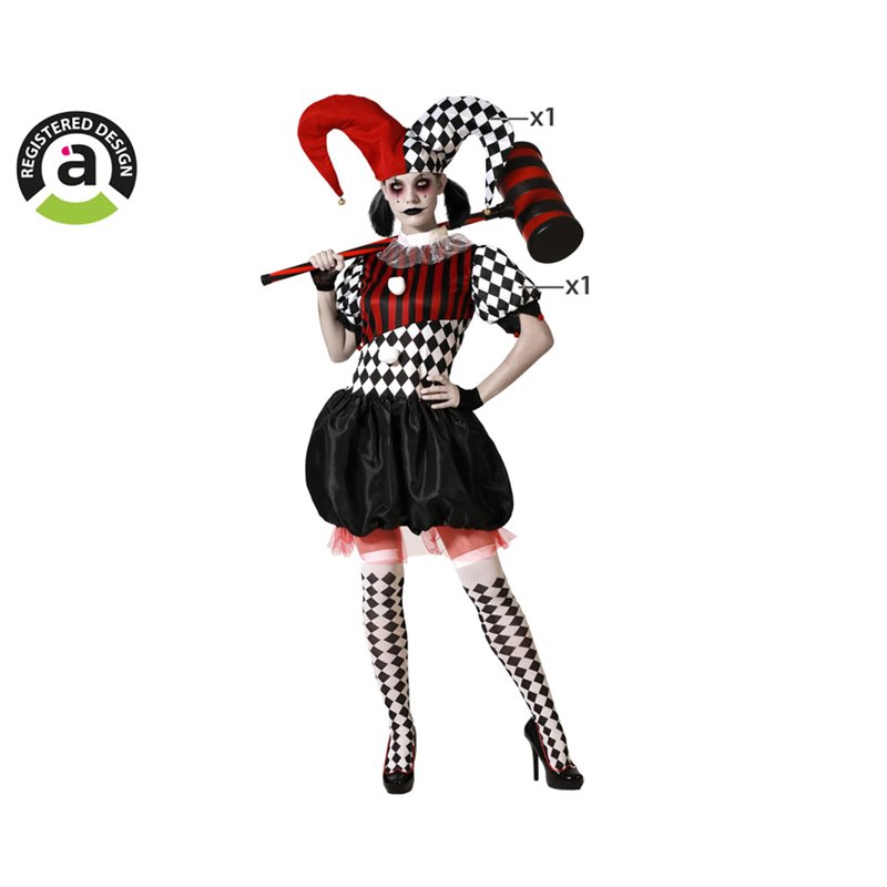DISFRAZ ARLEQU�N BLANCO Y NEGRO CON GORRO PARA MUJER ADULTO