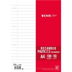 ENRI RECAMBIO PLUS 100H A4 90GR PAUTA 2,5 C/MARGEN 4 TALADROS BLANCO