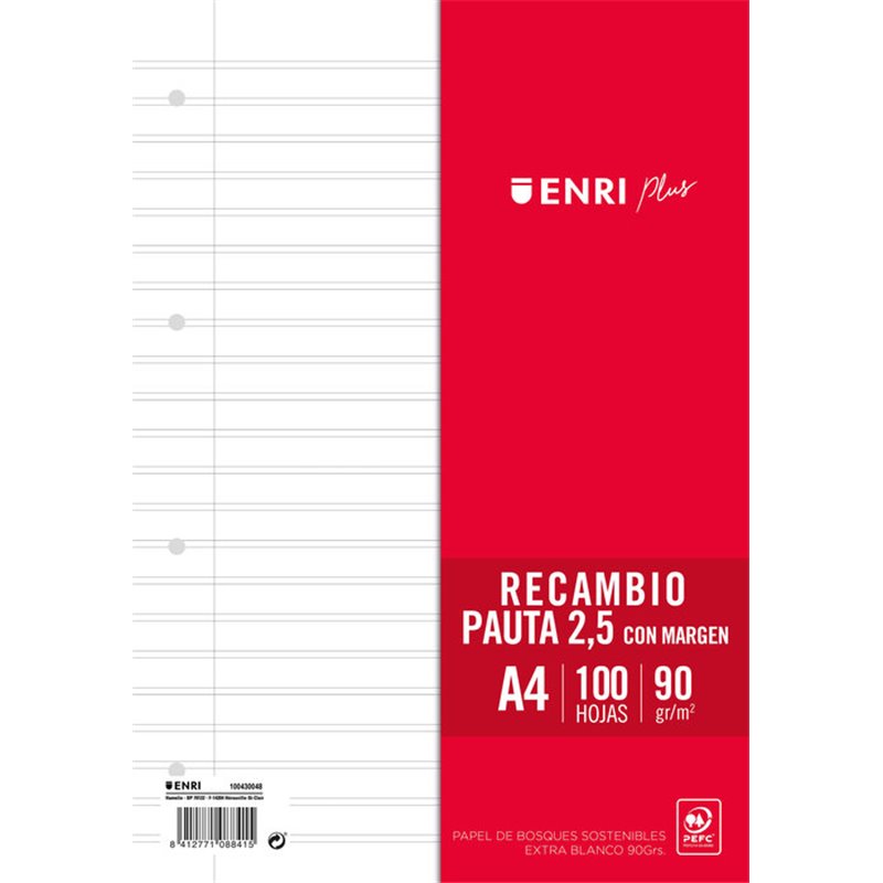 ENRI RECAMBIO PLUS 100H A4 90GR PAUTA 2,5 C/MARGEN 4 TALADROS BLANCO