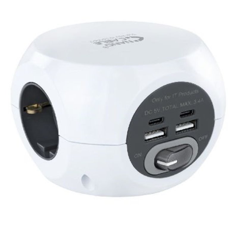 Regleta Cubica 2xUSB Tipo A/2xUSB Tipo C/3xSchucko - 1.4m · Blanco