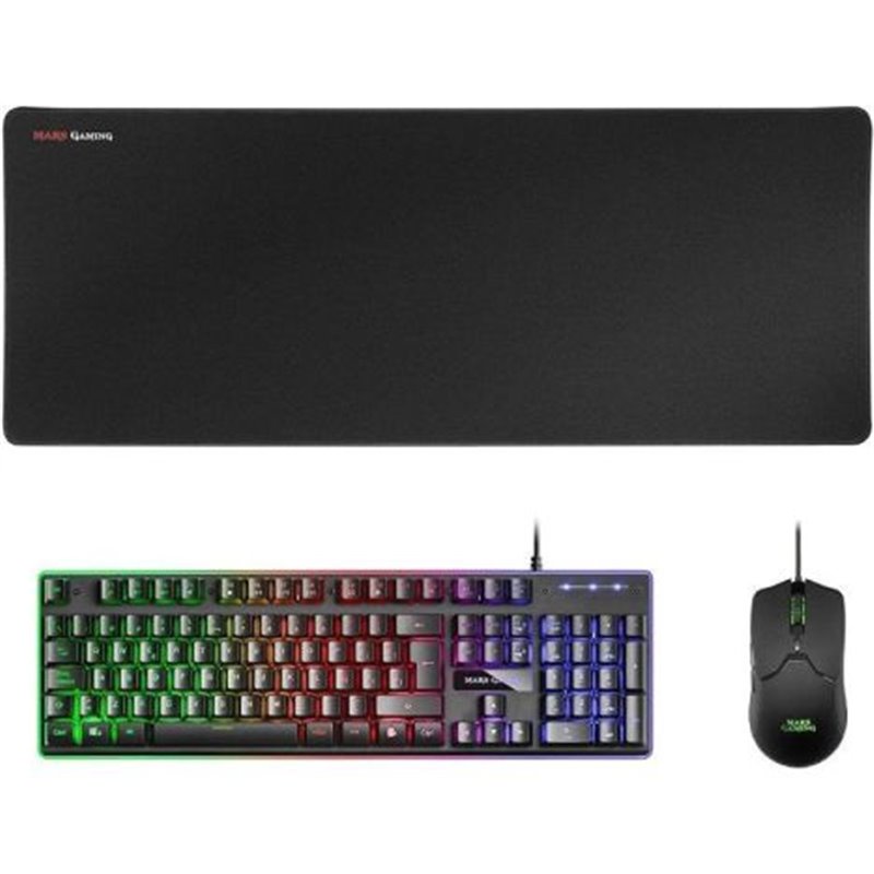 Pack Gaming MARS GAMING MCPXBES - USB · Teclado H-Mech, Ratón Óptico y Alfombrilla XXL · Negro