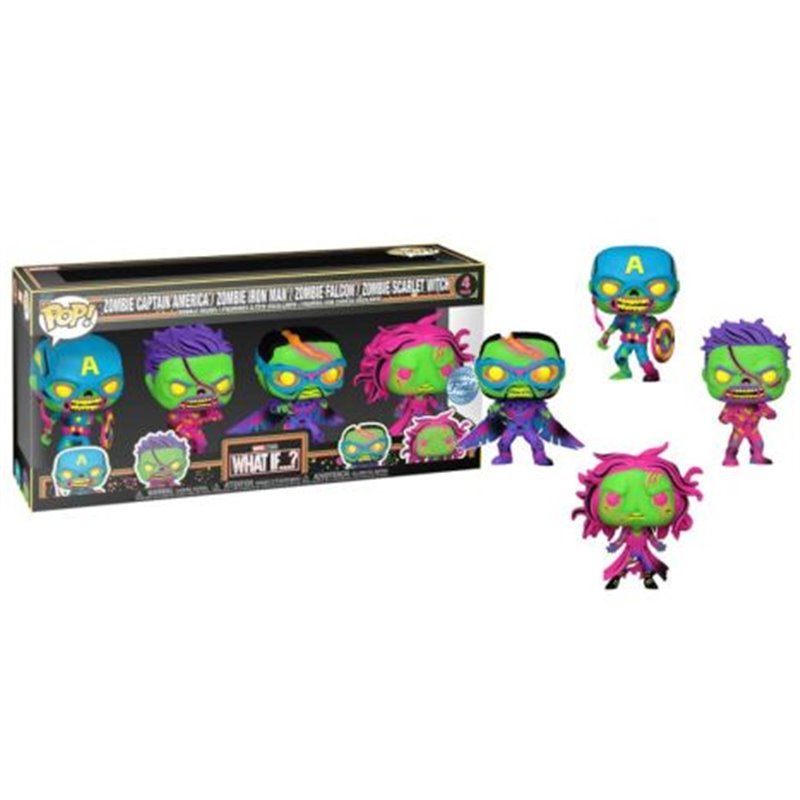 Pack 4 FUNKO POP Capitán Zombie, Iron Man Zombie, Falcon Zmbie y Bruja Escarlata Zombie - What if.. Edición Especial - 889698691