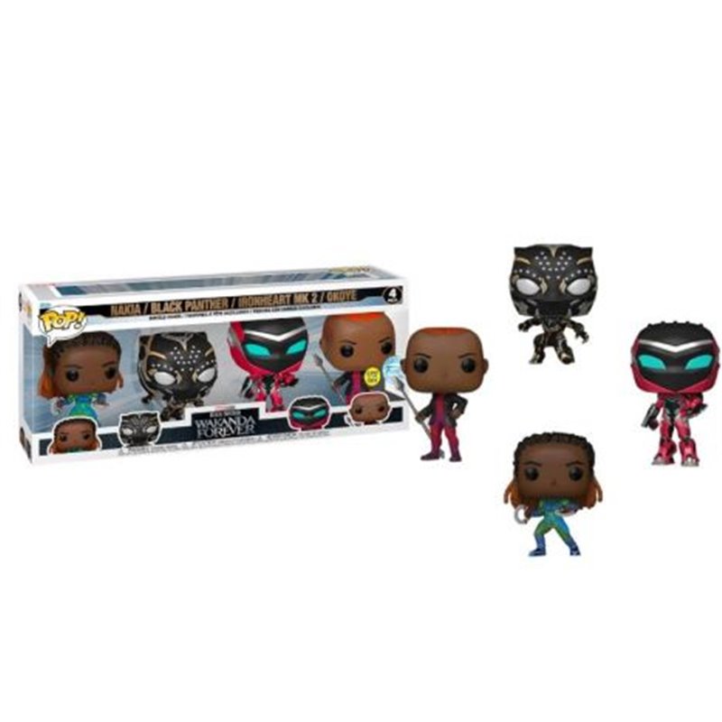 Pack 4 FUNKO POP Nakia, Pantera Negra, Ironheart MK2 y Okeye - Wakanda Forever Edición Especial Brillante en la Oscuridad - 8896