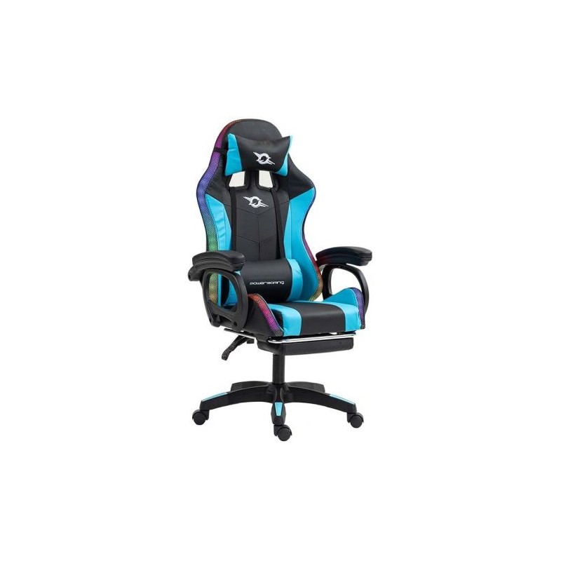 Silla Gaming POWERGAMING - Diseño Ergonómico · Reposapies · Luces RGB · Azul/Negro