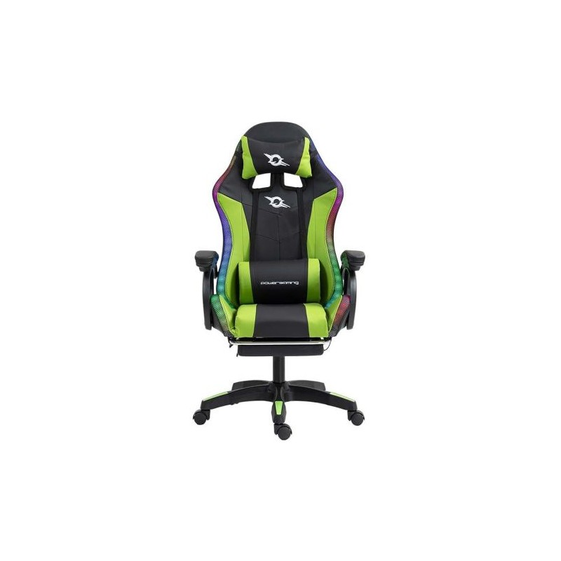 Silla Gaming POWERGAMING - Diseño Ergonómico · Reposapies · Luces RGB · Verde/Negro