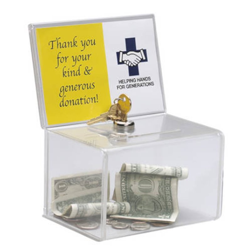 CAJA PARA SUGERENCIAS O PROPINAS CON LLAVE CON EXPOSITOR 16,5X11 CM TRANSPARENTE DEFLECTO 596901