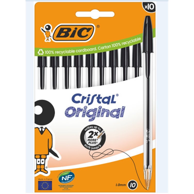 BLISTER CARTÓN 10 BOLIGRAFOS CRISTAL CON CUERPO TRANSPARENTE TRAZO 0,4MM. NEGRO BIC 516353