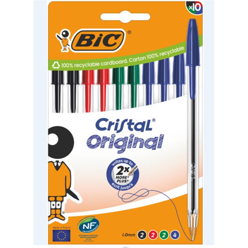BLISTER CARTÓN 10 BOLIGRAFOS CRISTAL CON CUERPO TRANSPARENTE TRAZO 0,4MM. COLORES SURTIDOS BIC 516354