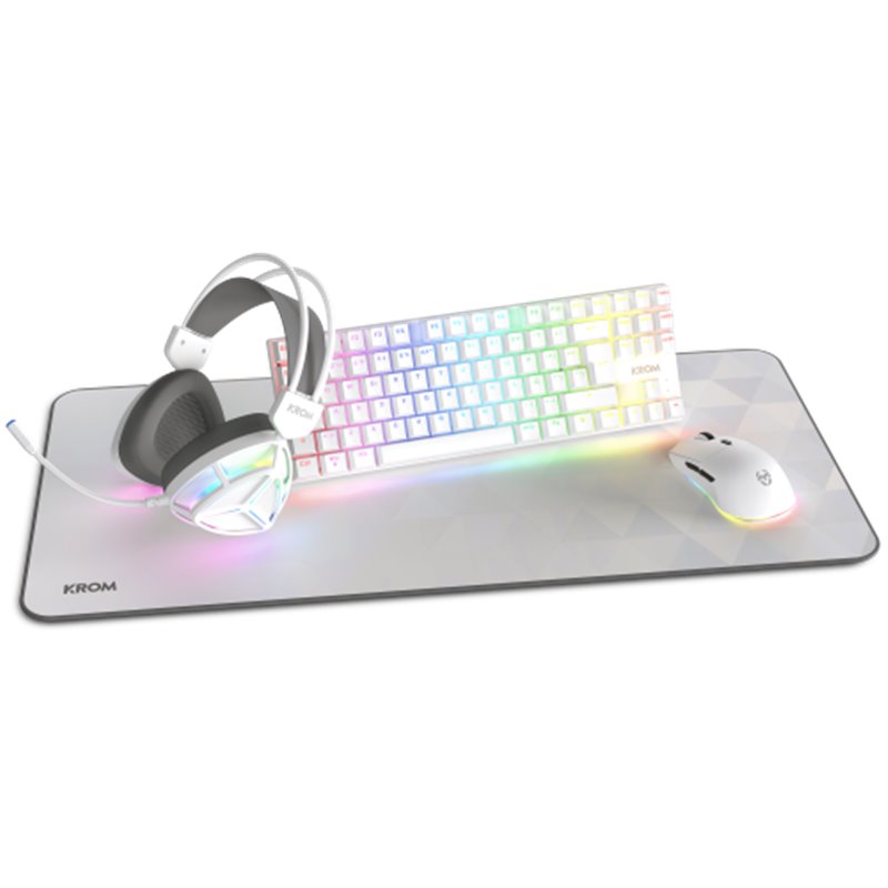 KROM KLASS | PACK 4 en 1 RGB BLANCO KIT DE TECLADO, RATON, ALFOMBRILLA Y AURICULARES GAMING