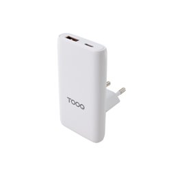 TooQ Cargador de viaje Tipo C y Tipo A, GaN 65W, USB-C/PD + USB-A/QC, Blanco