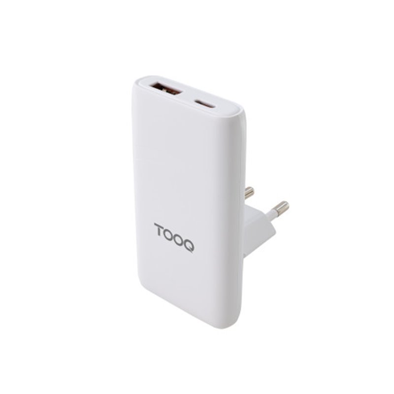 TooQ Cargador de viaje Tipo C y Tipo A, GaN 65W, USB-C/PD + USB-A/QC, Blanco