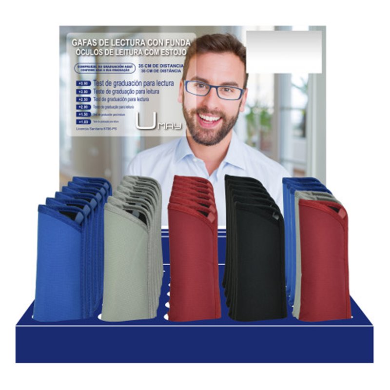 EXPOSITOR 30 GAFAS LECTURA CABALLERO PATILLAS FLEXIBLES 4 MODELOS COLORES Y GRADUACIONES SURTIDOS UMAY 329652