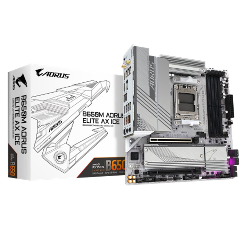 GIGABYTE B650M AORUS ELITE AX ICE Placa base - AMD Ryzen serie 9000, VRM de 12+2+2 fases, hasta 8000 MHz DDR5 (OC), 1xPCIe 5.0 +