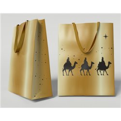 BOLSA DORADA PAPEL REYES MAGOS S (24X10X32 CM) CON TARJETA COLGANTE BISMARK 333673