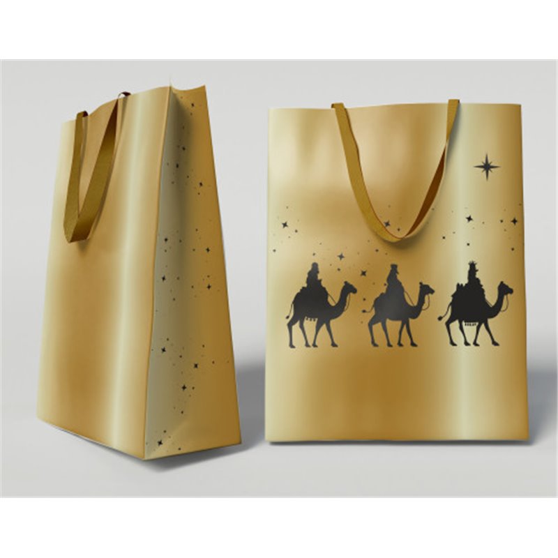 BOLSA DORADA PAPEL REYES MAGOS S (24X10X32 CM) CON TARJETA COLGANTE BISMARK 333673