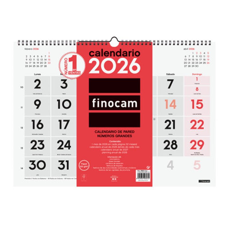 CALENDARIO 2026 NEUTRO PARED NUMEROS GRANDES L 430X310MM FINOCAM 780010026