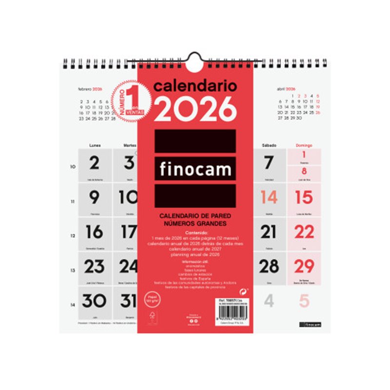CALENDARIO 2026 NEUTRO PARED NUMEROS GRANDES 300X300MM FINOCAM 780570026