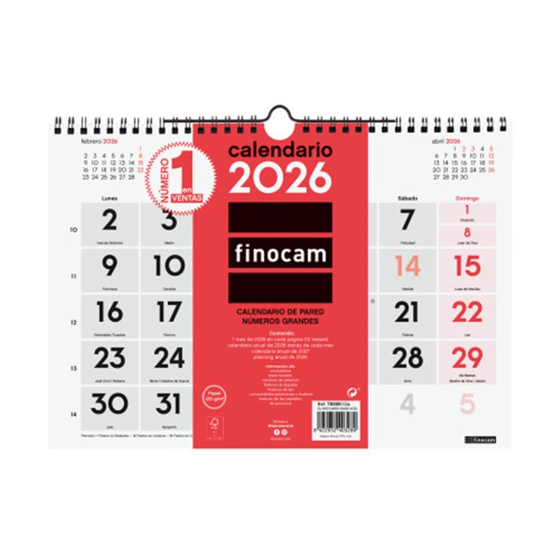 CALENDARIO 2026 NEUTRO PARED NUMEROS GRANDES M 300X210MM FINOCAM 780000026