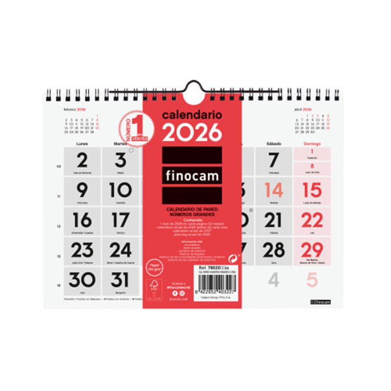 CALENDARIO 2026 NEUTRO PARED NUMEROS GRANDES S 210X150MM FINOCAM 780200026
