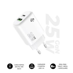 SUBBLIM Cargador GaN 25 W USB-C PD 3.0 + PPS & USB-A QC 3.0, Doble Puerto Rápido para tablets iPad Pro/Air/10/Mini, Galaxy Tab S