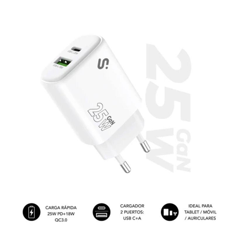 SUBBLIM Cargador GaN 25 W USB-C PD 3.0 + PPS & USB-A QC 3.0, Doble Puerto Rápido para tablets iPad Pro/Air/10/Mini, Galaxy Tab S