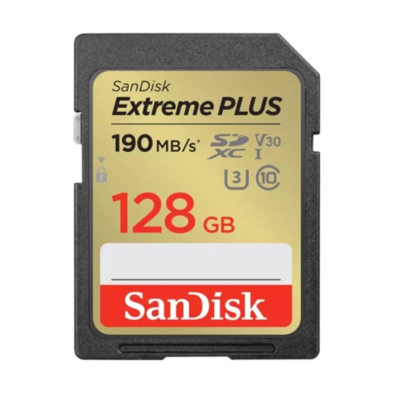 SANDISK EXTREME PLUS 128GB SDXC MEMORY CARD + 2 YEARS RESCUEPRO DELUXE UP TO 190MB/S & 90MB/S READ/WRITE SPEEDS, UHS-I, CLASS 10