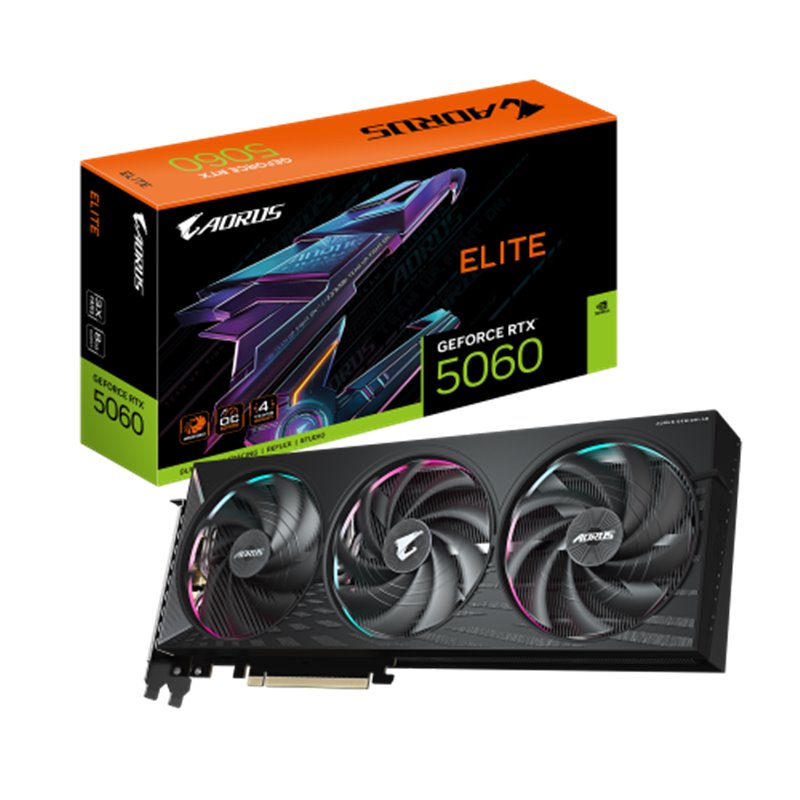 GIGABYTE AORUS GeForce RTX 5060 ELITE 8G Tarjeta Gráfica - 8GB GDDR7, 128bit, PCI-E 5.0, 2722 MHz Frecuencia del núcleo, 3 x Dis