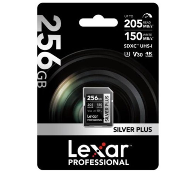 LEXAR 256GB PROFESSIONAL SILVER PLUS SDXC UHS-I CARDS,  UP TO 205MB/S READ 150MB/S WRITE C10 V30 U3