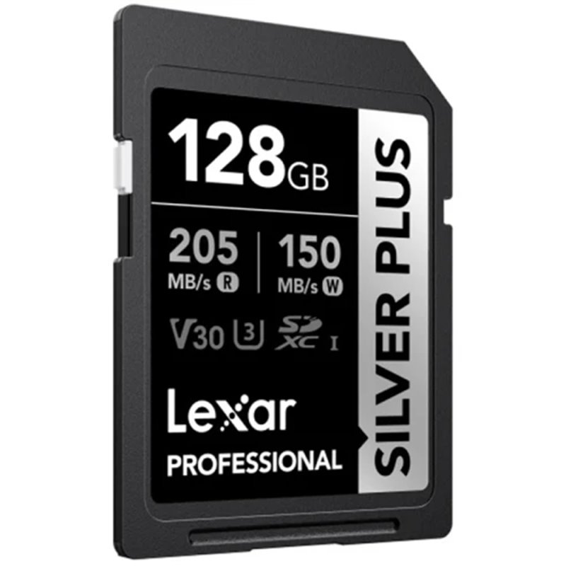 LEXAR 128GB PROFESSIONAL SILVER PLUS SDXC UHS-I CARDS,  UP TO 205MB/S READ 150MB/S WRITE C10 V30 U3
