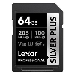 LEXAR 64GB PROFESSIONAL SILVER PLUS SDXC UHS-I CARDS,  UP TO 205MB/S READ 100MB/S WRITE C10 V30 U3