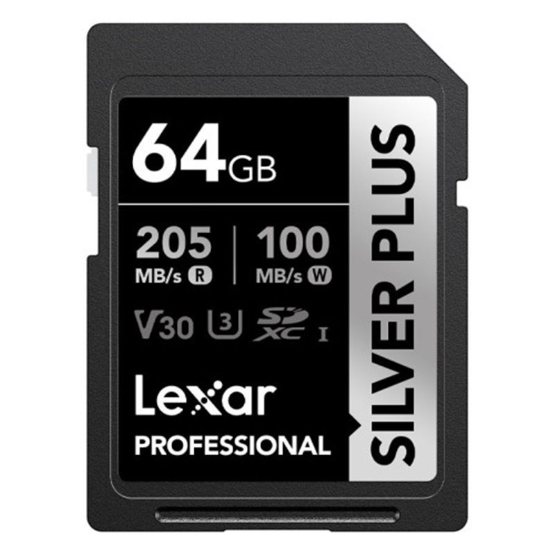 LEXAR 64GB PROFESSIONAL SILVER PLUS SDXC UHS-I CARDS,  UP TO 205MB/S READ 100MB/S WRITE C10 V30 U3