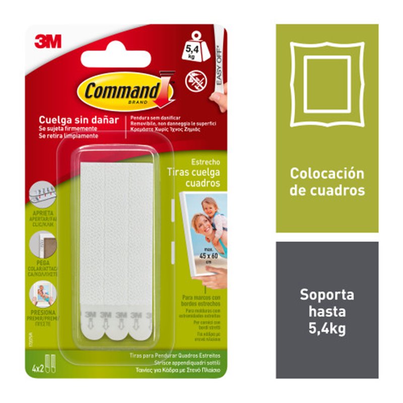 BLISTER TIRAS ADHESIVAS ESTRECHAS PARA CUADROS HASTA 5,4KG COMMAND 17207 3M 7100127050