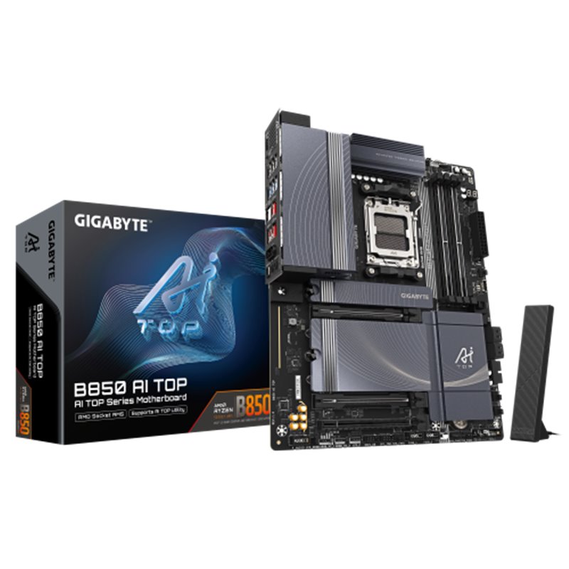 PLACA GIGABYTE B850 AI TOP,AMD,AM5,B850,4DDR5,256GB,1HDMI+USB-C,4SATA3+3M.2,2X10GBELAN+WIFI7+BT5.4,7USB3.2,ATX