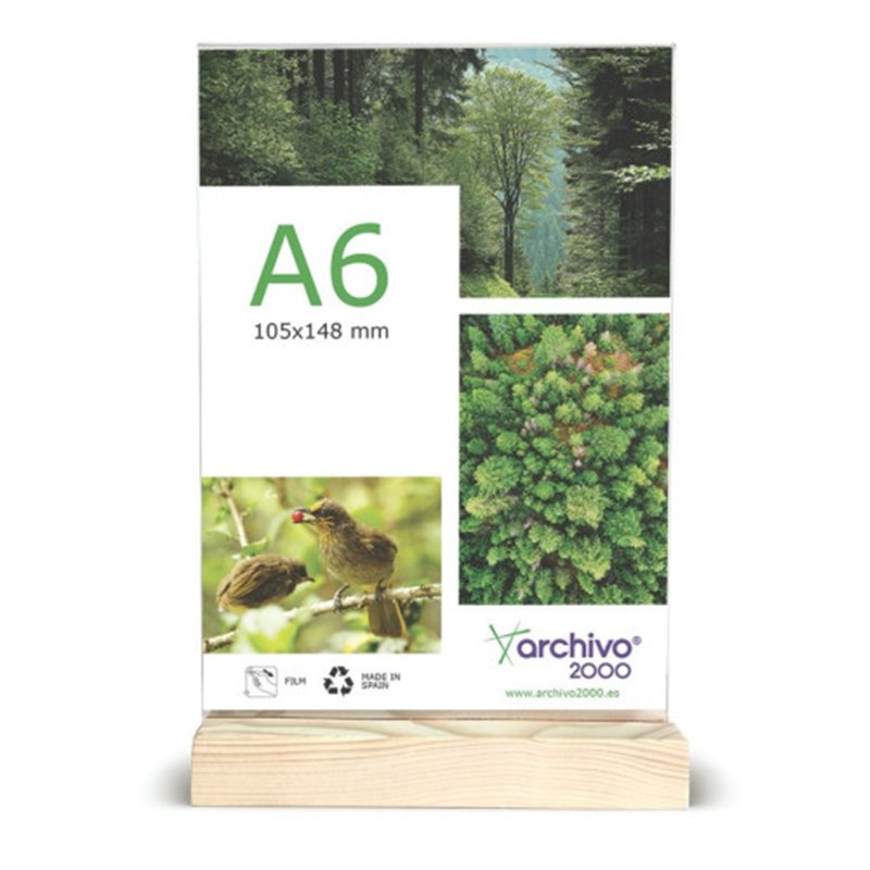 EXPOSITOR SOBREMESA DOBLE CARA A6 VERTICAL CON BASE DE MADERA 30x105x170MM A6 ARCHIVO 2000 15906M1 CS TP