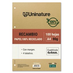 RECAMBIO RECICLADO A4 100 HOJAS 90GR CUADRICULA 4X4 MM CON TALADROS UNINATURE 53392700