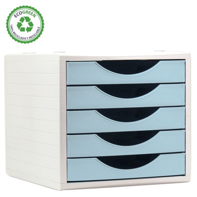 MÓDULO ECOGREEN 5 CAJONES 100% RECICLADO Y RECICLABLE DIN A4 FOLIO Y SUBCARPETA MEDIDAS: 340X270X260 MM CARCASA GRIS Y CAJONES A