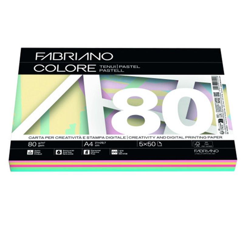 PAQUETE 250 HOJAS A4 80G COLORES SURTIDOS PASTEL (50 HOJAS X COLOR) FABRIANO F62521297