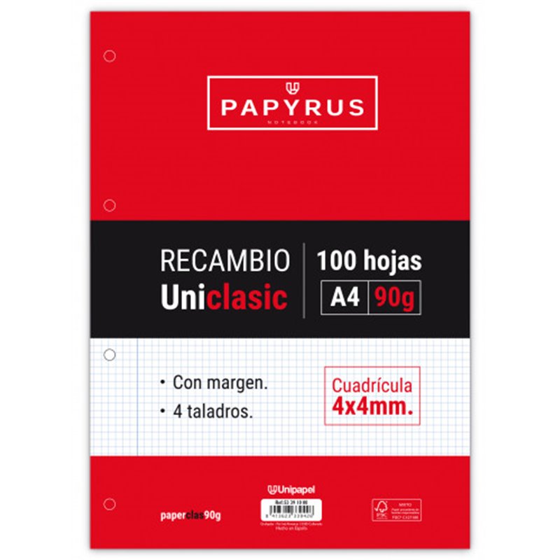 RECAMBIO PAQUETE 100 HOJAS A4 UNICLASIC 90 GR. 4X4 CON MARGEN PAPYRUS 53391000