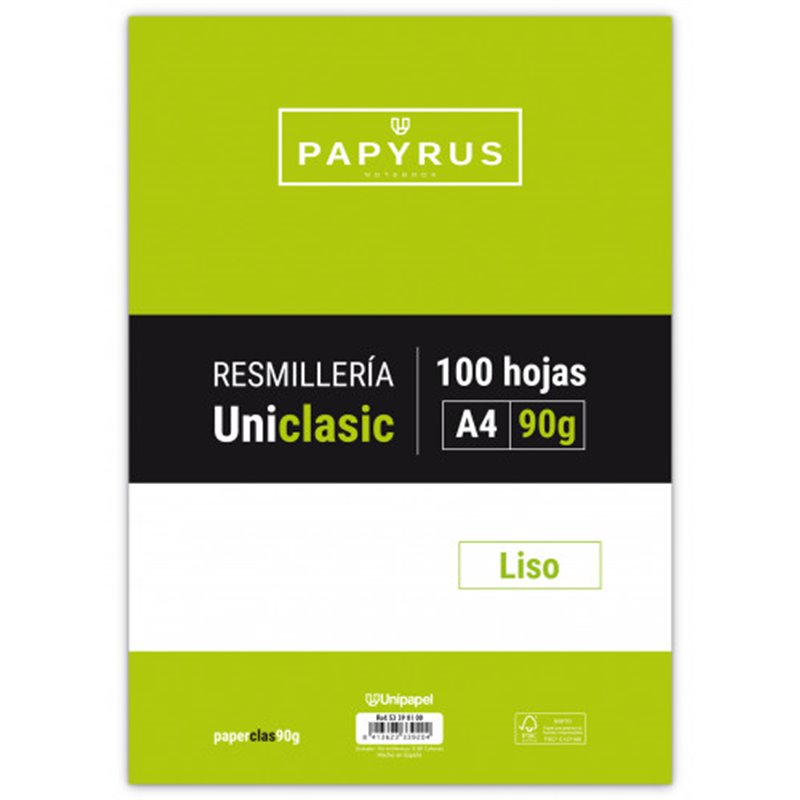 RECAMBIO PAQUETE 100 HOJAS A4 UNICLASIC 90 GR. LISO SIN MARGEN PAPYRUS 53390100
