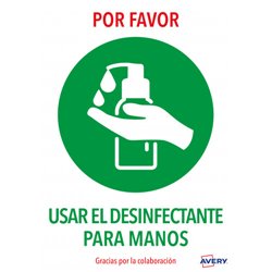 SEÑALES ADHESIVOS PREIMPRESO  "USAR DESINFECTANTE PARA LAS MANOS" SOBRE DE 2 HOJAS EN A4 AVERY AV_KITCOVID3_ES