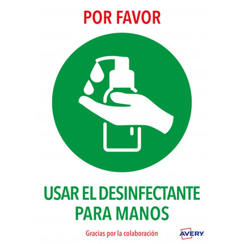 SEÑALES ADHESIVOS PREIMPRESO  "USAR DESINFECTANTE PARA LAS MANOS" SOBRE DE 2 HOJAS EN A4 AVERY AV_KITCOVID3_ES