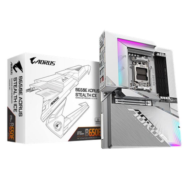 GIGABYTE B650E AORUS STEALTH ICE - Compatible con CPUs AMD Ryzen 9000, VRM de 12+2+2 fases, hasta 8000MHz DDR5 (OC), 1xPCIe 5.0 