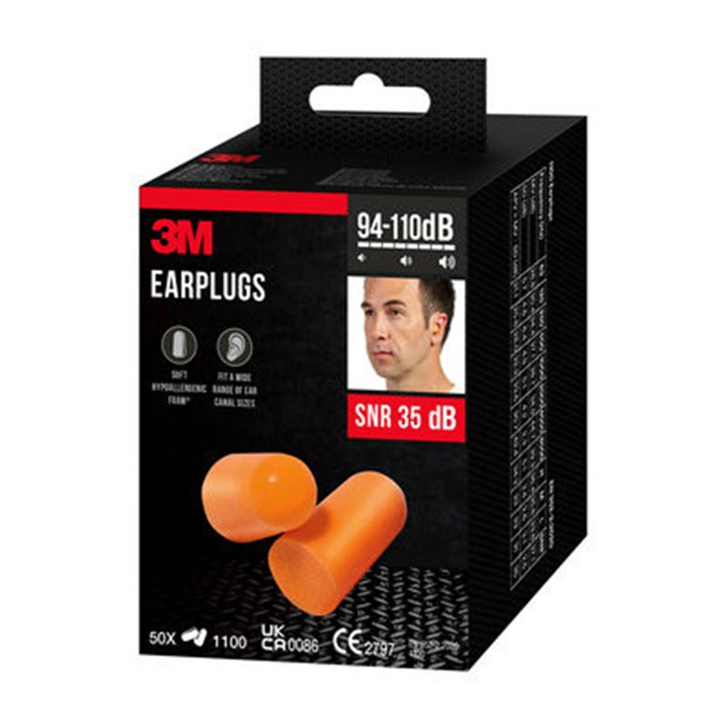 PACK 50 PARES TAPONES OIDO 1100 SNR-35DB EN BOLSAS INDIVIDUALES ESPUMA POLIURETANO 1100-50 3M 7100334748
